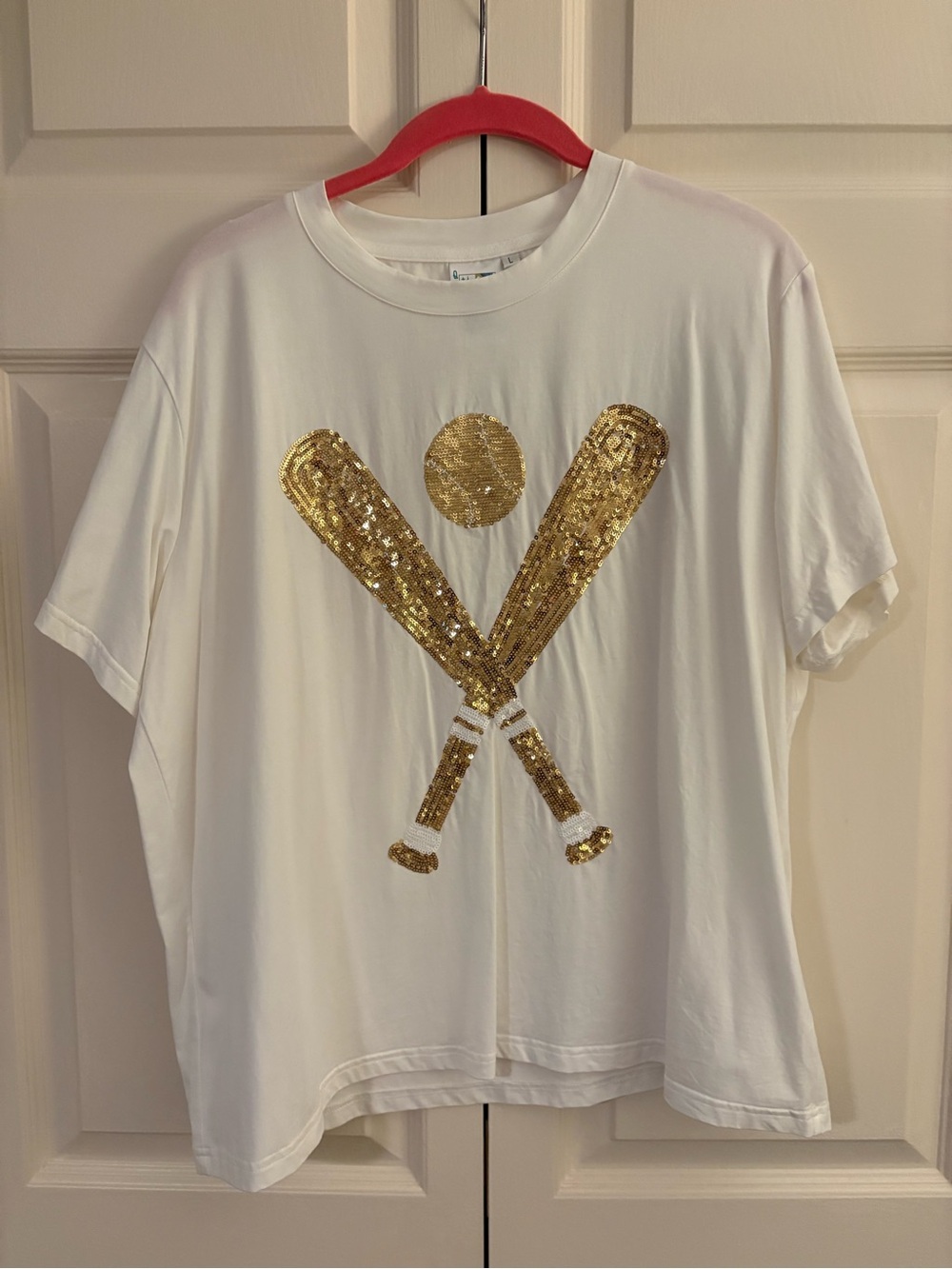 Queen of Sparkles White Tee with Gold Sequin Baseball Motif, Size L